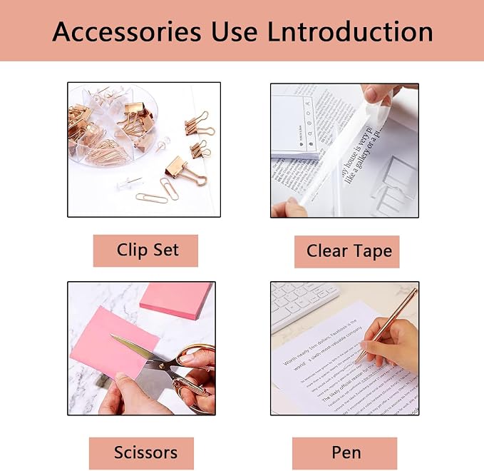 suniya Office Supplies Rose Gold Desk Accessories Set Office Supplies Kit with Stapler, Tape Dispenser, Scissors, Staple Remover, Ballpoint Pen, Clear Tape & Staples – Best Gift for Business or Boss