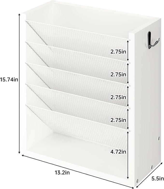Mail Organizer Wall Mounted, 6-Slot Hanging File Organizer with Key Holder | Mail Sorter, Wood Letter Holder for Envelopes Bills Magazine Folders Papers Accessories for Home Office, White