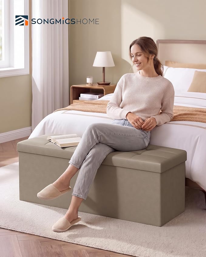 SONGMICS Home Foldable Foot Rest Stool, Storage Ottoman, Tufted Design, PU Leather, Easy Assembly and Cleaning, for Entryway, Living Room, Bedroom, 43.2 Inches, Khaki