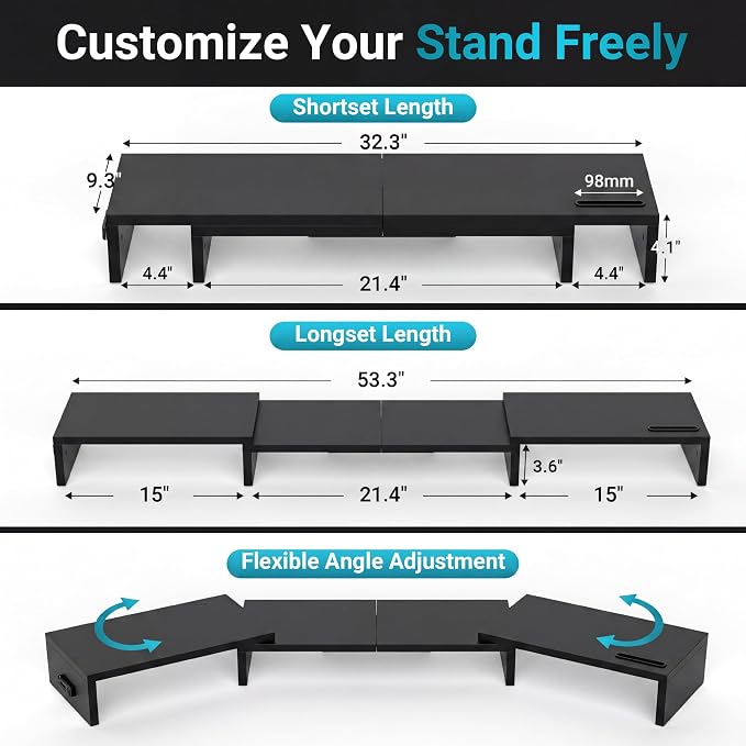 BONTEC Triple Monitor Stand Riser with Smartphone Holder, Black | Adjustable Length & Swivel Angle, Ergonomic Wooden Desktop Organizer for PC Monitor, Laptop, Printer, Large Storage, 53.3 in