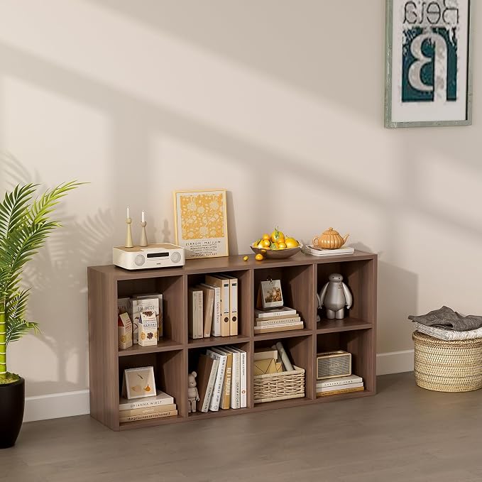 OSCHF 8-Cube Storage Shelf Bookcase, Walnut | Wooden 4-Tier Open Bookshelf, Fits 11×11" Bins, Vertical or Horizontal Use, Full Back Panels, For Home Office