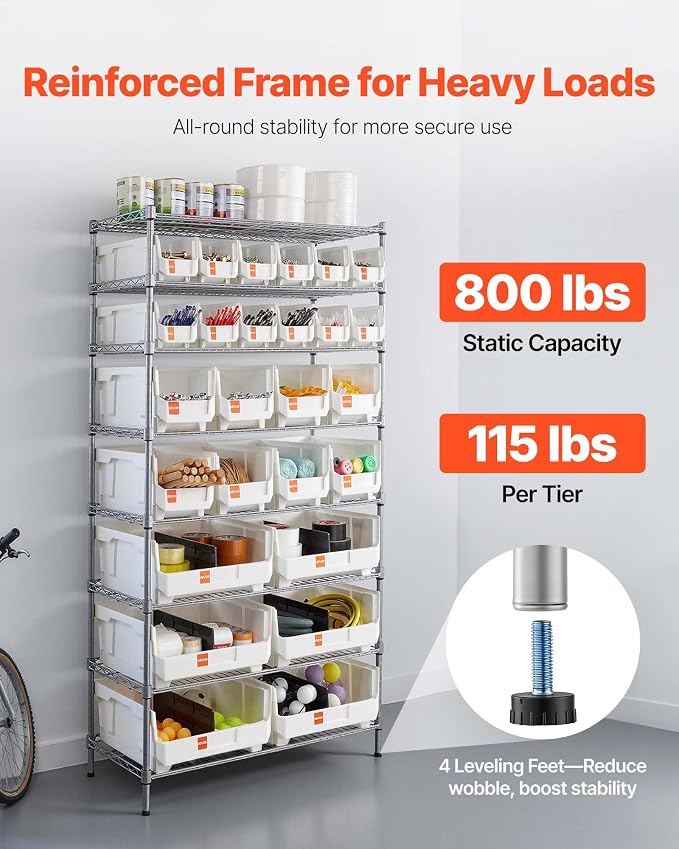 VEVOR 8-Tier Rolling Bin Storage Rack, 26 Organizer Bins, Bin Rack Storage Steel Wire Shelving System with Wheels, Mobile Tool Organizer for Garage, Warehouse, Office, Restaurant, Classroom, Kitchen