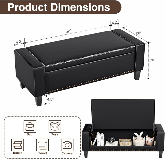 AKMAKM 49''W Storage Ottoman Bench, 30 Gallons End of Bed Bench, Faux Leather, Mid Century Modern, Upholstered Bench with Storage and Seat for Entryway, Living Room, Holds up to 350 lb, Black