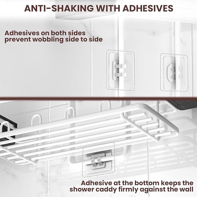 Rustproof Shower Caddy Hanging with Soap Holders for Bathroom, White | Shower Organizer with Multi Hooks Toothbrush Holder, No Drilling, Anti-Swing, Storage for Shampoo Conditioner Body Wash