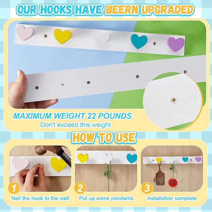 Maitys 2 Pcs Kids Coat Rack Wall Mount Kids Wall Hooks Rainbow Coat Rack Hooks for Boys Girls Toddler Cute Bathroom Decor Colorful Backpack Hanger Supplies for Clothes Hat Towel in Bedroom(Heart)
