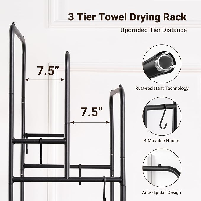ELYKEN 3 Tier Freestanding Towel Rack with Shelf, 40" H Towel Stand, Black | Metal Drying Rack for Oversized Bath Towels & Blankets, 4 Hooks, Indoor & Outdoor Use, Fits Bathroom, Tub, Shower, Poolside