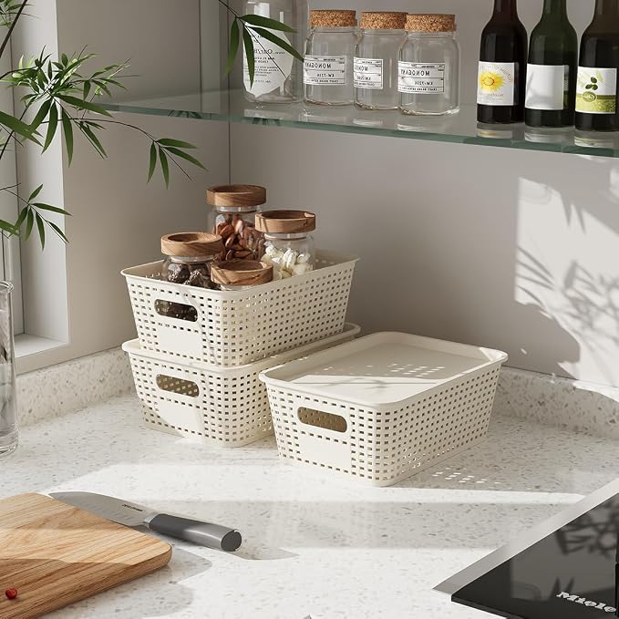 Resze 6 Pack Plastic Breathable Storage Baskets with Lids, White | Organizer Bins& Containers for Pantry, Desktops, Cabinet, Closet, Offices Organization Toys, Space Saving, Easy-Carry Handles