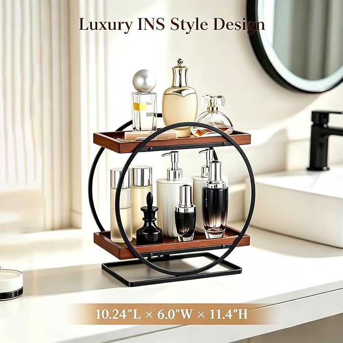 2-Tier Bathroom Counter Organizer, Wooden Perfume Organizer Dresser | Bamboo Countertop Trays Skincare Makeup Vanity Shelf, Organizers and Storage for Bathroom Kitchen,Black & Brown Perfume Stand
