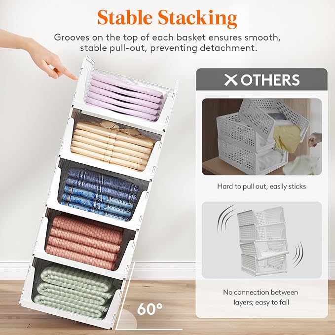 Lifewit 6 Pack Stacking Closet Organizers Shelf for Clothes 16.5" Depth | Plastic Stackable Sweater Storage basket Bins for Wardrobe, Multifunctional Pants Organizer for RV, Pantry, Kitchen, Dorm