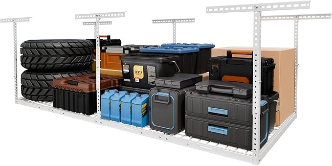 FLEXIMOUNTS 4x8 Overhead Garage Storage Rack, Adjustable Organization System, Heavy-Duty Metal Ceiling Racks, 750lbs Weight Capacity, White, Classic Series | 750lbs Weight Capacity, 22"-40" Adjustable Organization System, Heavy-Duty Metal Ceiling Racks...