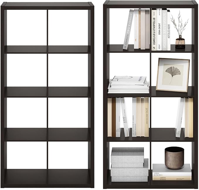 Furinno Cubicle Book Shelf Set of 2, 8-Cube Bookshelf, Black Dark Oak | 14.6 x 30 x 57.9, Thick Frame, Horizontal & Vertical Reversible Bookcase, Open Back, for Living Room, Bedroom, Home Office