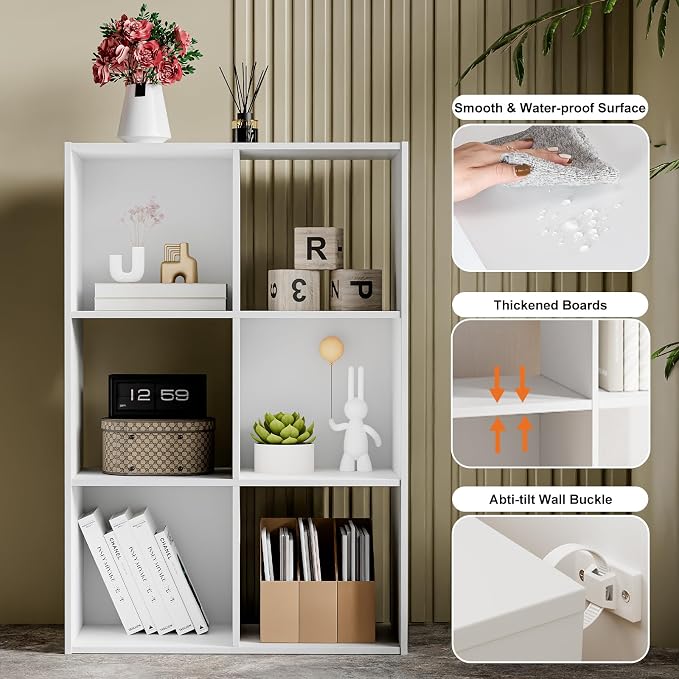 Sweetcrispy 6 Cube Storage Organizer, Stackable Modular Bookcase Shelf | Vertical or Horizontal Use, Fits 11×11" Bins, Removable Back Panels, for Living Room, Office, Entrance White Wood