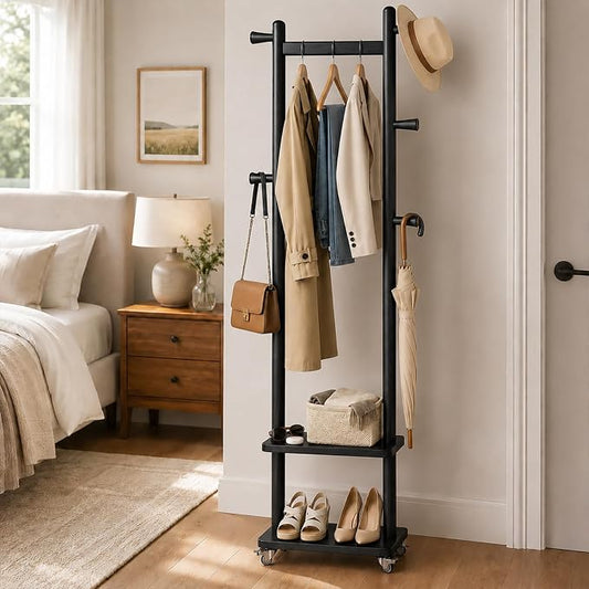 Taitiy Solid Wood Coat Rack Small Freestanding with Wheels 2 Shelves | Small spaces, solid rubberwood construction, 2 shelves and 5 hooks, ideal for bedrooms, entryways, apartments and homes