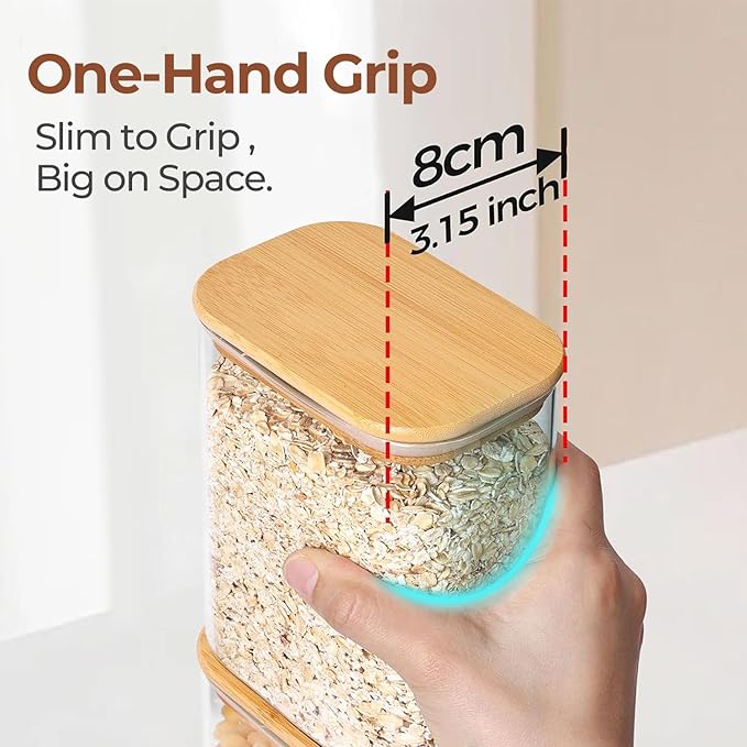ComSaf Glass Storage Containers wtih Lids 1.2 Qt, Set of 4 Food Storage Jar | Glass Pantry Storage Containers, Rectangle Kitchen Canisters, Bamboo Lid with Silicone Seal, Cereal, Flour, 37oz, BPA Free