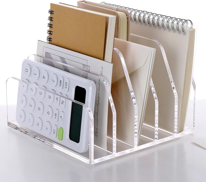 SANRUI Acrylic Desk Mail Organizer Sorters, Clear Letter Holder 5 Slot | Laddered File Desktop File Holder, Multifunction Envelope Vertical Folder Racks Document Holders for Office, Home, School