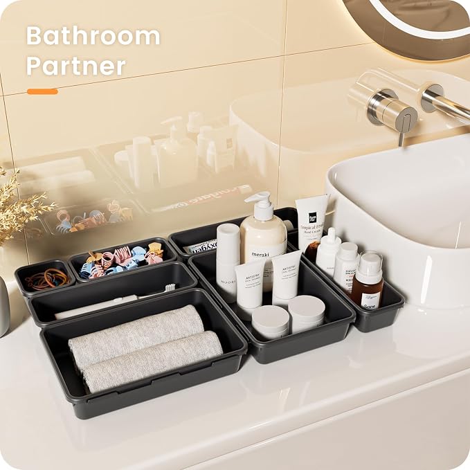 【Military Grade】A-LuGei Drawer Organizer,【𝟱𝗦𝗶𝘇𝗲】Makeup organizer,【Holds 177 Items】Bathroom Organizers and Storage,Organization and Storage,Desk Drawer Organizer for Vanity【Black】