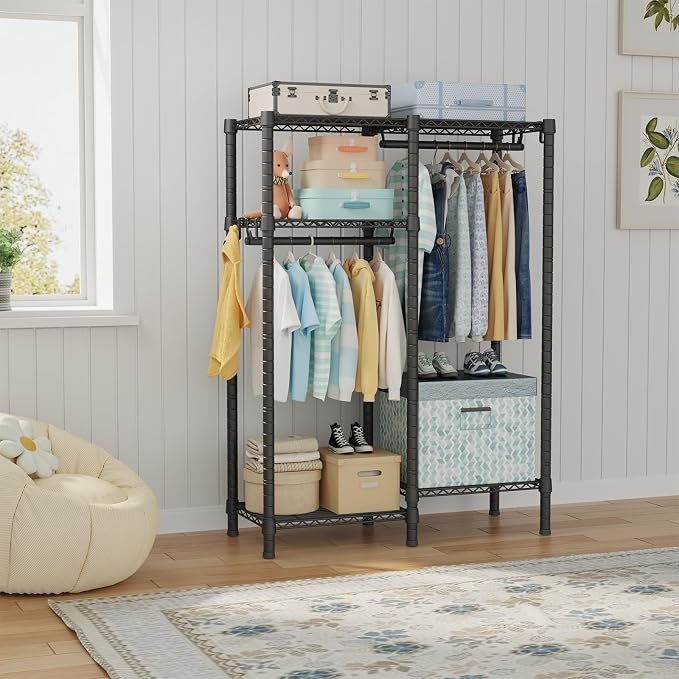 F1 Garment Rack for Kids, Baby, Students, and Children's Room, 4 Tiers Freestanding and Portable Heavy Duty Closets, Small Metal Clothes Rack with 2 Hanging Rod, 31.2" W x 11.8" D x 48" H, Black | Small Clothing Racks with 2 Hanger Rods for Hanging Bab...