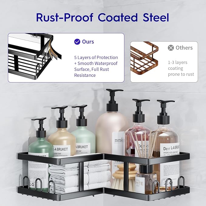 Youvip Shower Caddy Corner No Drilling-Adhesive, Shower Shelves-Rustproof | Organizer for Dorm. Black, 4-Pack - with Soap Holder