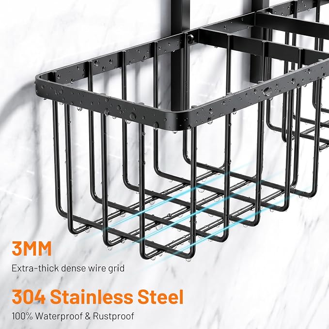 Luxspire Shower Caddy Hanging Overhead, Shower Organizer Hanging, Black | No Drilling Required, Height-Adjustable, Thickened Rustproof Stainless Steel, Heavy-Duty, Include 8 Hooks And Soap Holder