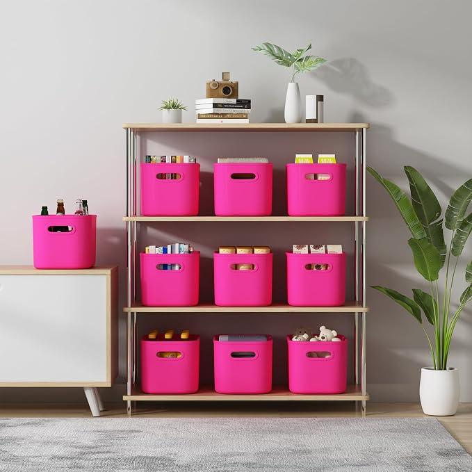 ORGIDOL 6 Pack Pink Storage Bins with Lids Stackable Storage Container for Organizing, Storage Boxes with Handle for Shelves, Cute Storage Bin for Craft, Snacks, 9.85x6.9x5.7 inch
