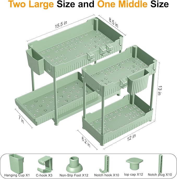 Sevenblue 3-Pack 2-Tier Under Sink Organizers with Sliding Drawers | Multi-use kitchen & bathroom storage, 12.8 inch green cabinet organizer, space-saving sliding drawer design.