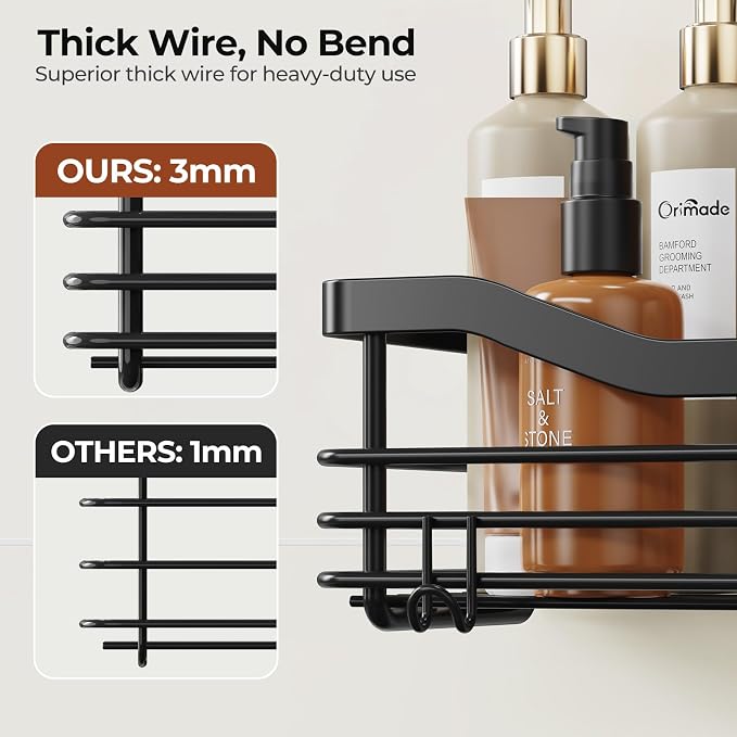 Orimade Adhesive Shower Caddy Shelf with 5 Hooks Organizer Storage Rack Rust Resistant Wall Mounted Stainless Steel No Drilling for Bathroom, Toilet, Kitchen - 2 Pack,Black