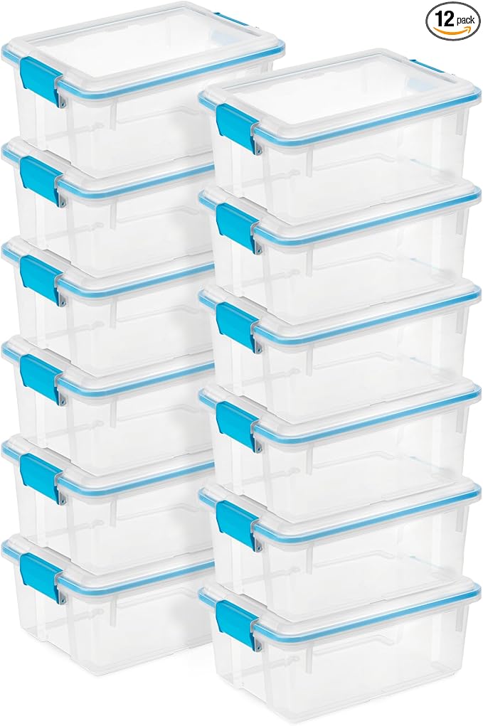 Sterilite Gasket Storage Box with Lids for Home & Office, 12 Quart, 12-Pack | Heavy-Duty, Stackable, and Organizing Containers for Bathroom, Cabinet, Closet, and Garage, Clear and Blue Aquarium Latches