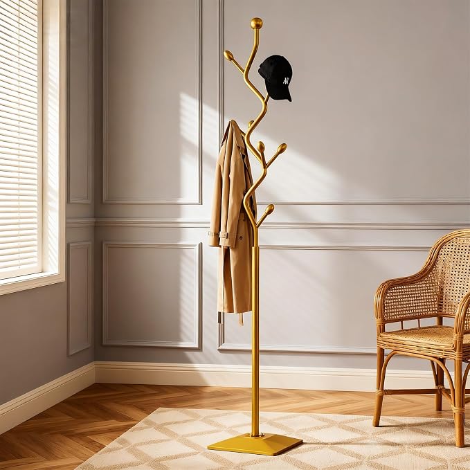 Gold Coat Rack Freestanding Metal Tree Coat Stand with Hooks,Modern Decorative Standing Hat Rack for Entryway Bedroom Living Room