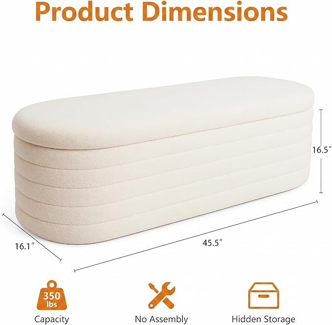 Teddy Sherpa Storage Ottoman Bench, Modern Upholstered Window Bench with Safety Hinge Lid, Oval White Ottoman for Living Room, Bedroom End of Bed