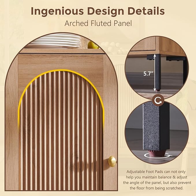 IFGET 92.63" W Modern Arched Sideboard Buffet Cabinet with Storage, Natural | Fluted Arch Sideboard Cabinet w/Adjustable Shelves, Wooden Modular Kitchen Cabinet for Dining& Living Room, Entryway