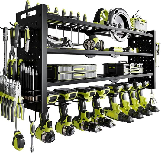 NattyDot Power Tool Drill Holder Wall Mount, 4Tier Garage Organizer, Black | 4-tier Utility Rack Stores 8 Cordless Drills, Batteries and Accessories while Freeing Extra Garage Wall Storage Space