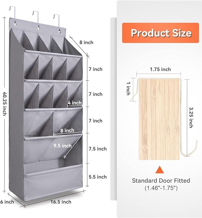 FENTEC 1 Pack Over-the-Door-Shoe-Organizers,Hanging Organizers with Large Pocket Shoe Holder Hanging Shoe Rack for Closet Shoe Organizer for Wall, Over Door Organizer with 15 Pockets Gray