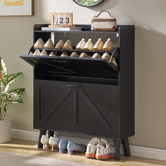 LEYAOYAO Shoe Cabinet Storage for Entryway with 2 Flip Drawers Rack Narrow Organizer Slim Hidden Wood Shoe Cabinet Furniture Black