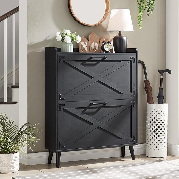 Barnyatoh Farmhouse Shoe Storage Cabinet with 2 Flip Drawers & Barn Door | Freestanding Hidden Slim Narrow Shoe Rack, Adjustable Shelves,Wood Shoes Organizer for Entryway, Foyer, Hallway, Black