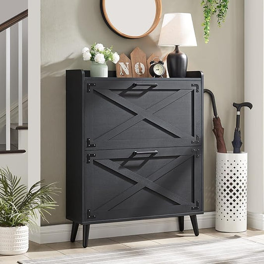 Barnyatoh Farmhouse Shoe Storage Cabinet with 2 Flip Drawers & Barn Door | Freestanding Hidden Slim Narrow Shoe Rack, Adjustable Shelves,Wood Shoes Organizer for Entryway, Foyer, Hallway, Black