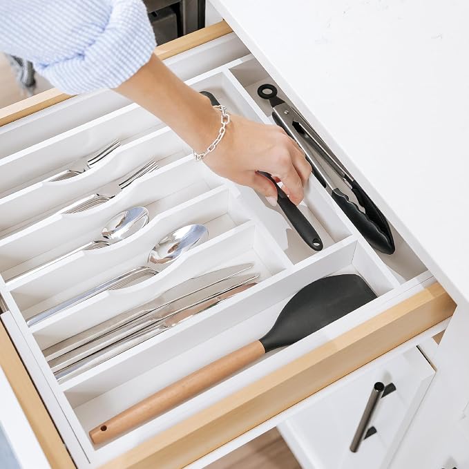 KitchenEdge Silverware & Utensil Drawer Organizer, 14.5-25 in, White Bamboo | Cutlery, flatware, food-safe contract grade, kitchen drawer fit