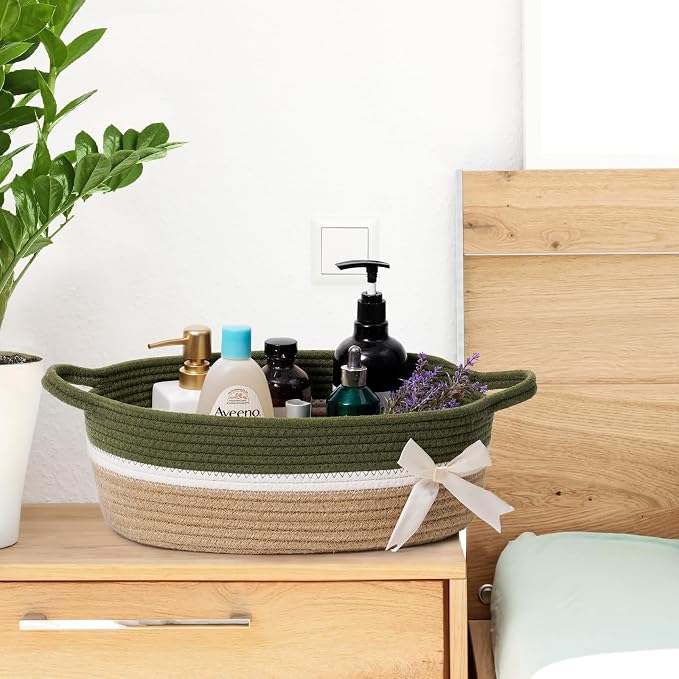 CHICVITA Small Gift Basket, Decorative Storage Basket, Green & Brown | 13" x 10" x 5", Cotton Rope, Christmas, Toys, Towels & Diapers Organization, Nursery & Home Decor, Built-In Handles