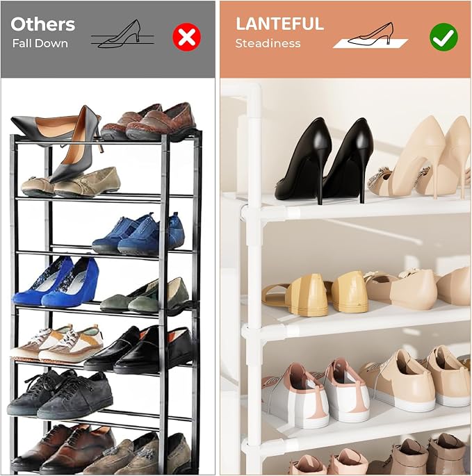 LANTEFUL 6 Tier Shoe Rack Storage for 24-30 Pairs Shoe and Boot, Shoe Organizer with Hook and Side Pocket Free Standing Long Shoe Shelf Tall Shoe Rack Organizer for Closet, Entryway, Dorm, White