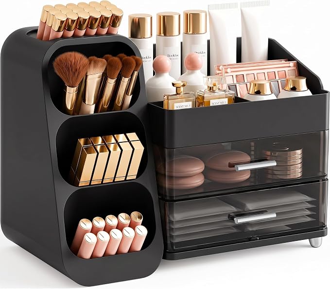 Booklov Large Makeup Organizer for Vanity Countertop, Black | Clear Acrylic Cosmetic Display Case, Beauty Brush Holder for Bathroom Counter, Make Up Skincare Lipsticks Storage