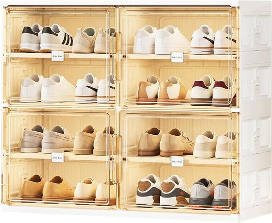 JEKO&JEKO 4 Tiers Foldable Shoe Rack Organizer Cabinet for Closet Entryway, Large Collapsible Shoe Storage Box with Magnetic Doors Fits Up to 16 Pairs (White)