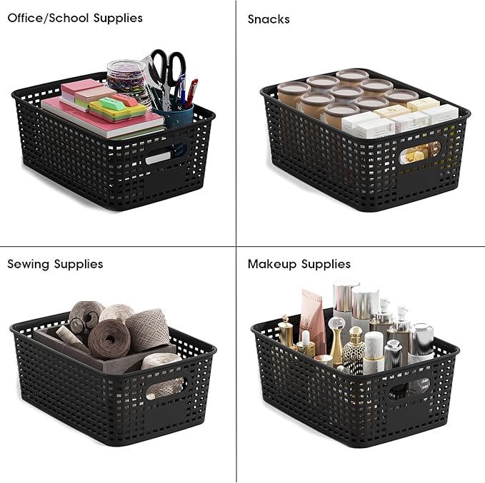 ORGIDOL Plastic Storage Basket with Lids 12 Pack Stackable Black Storage Bins Containers with Lid, Decorative Storage Boxes for Organizing Shelves, Drawers, Playroom, Classroom, Office, Closet