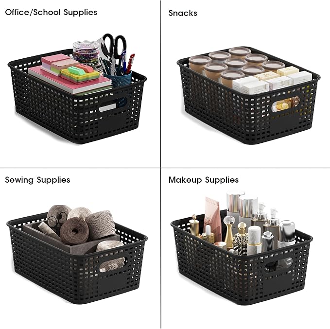 ORGIDOL Plastic Storage Basket with Lids 10 Pack Stackable Black Storage Bins Containers with Lid, Decorative Storage Boxes for Organizing Shelves, Drawers, Playroom, Classroom, Office, Closet