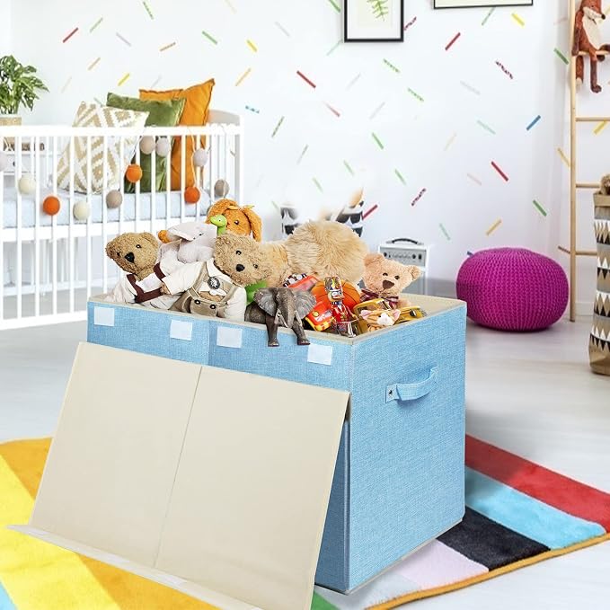 Large Toy Box Chest Storage with Flip-Top Lid, Kids Toy Storage Bin Boxes | Toy Chest with Rivets Handles for Kids, Boys, Girls, Nursery, Playroom, Living Room, Bedroom, 25"x 13" x 16" (Linen Blue)