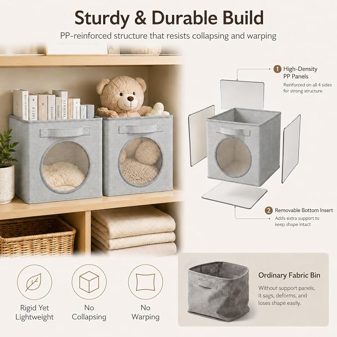 Fabric Storage Cubes with Mesh Window, 13'' Cube Storage Bin, Gray, 4 Pack | See through Round window, Foldable Odor-Free & Sturdy PP Structure, Cubby Baskets for Closet, Shelves, Bedroom and Offices
