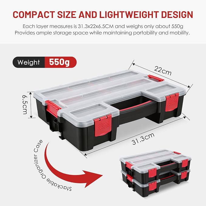 famuka Tool Storage Boxes 3-Pack Small Parts Organizers (Red) | 10 Compartments with Removable Divides