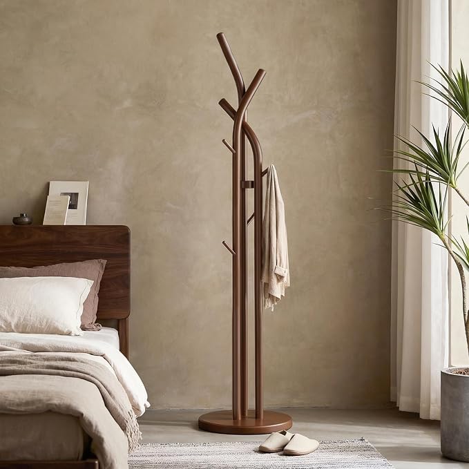 Solid Wood Coat Rack Freestanding Wood Coat Tree Rack with 9 Hooks, Creative Tree-Shaped Design, Standing Coat Rack Clothes Hanger Stand with Sturdy Base for Entryway, Bedroom - Load 300lb (Walnut)