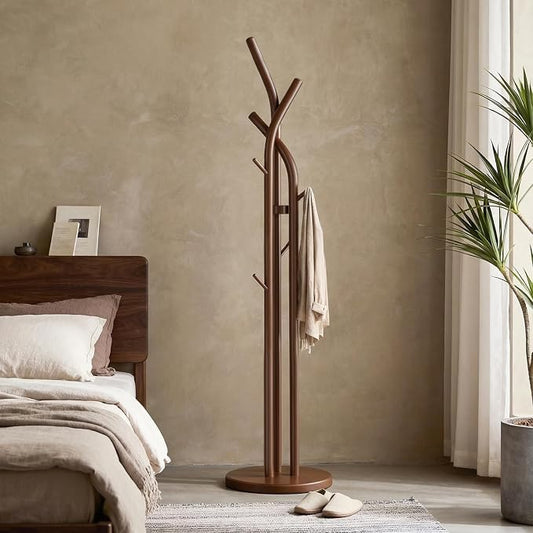 Solid Wood Coat Rack Freestanding Wood Coat Tree Rack with 9 Hooks, Creative Tree-Shaped Design, Standing Coat Rack Clothes Hanger Stand with Sturdy Base for Entryway, Bedroom - Load 300lb (Walnut)