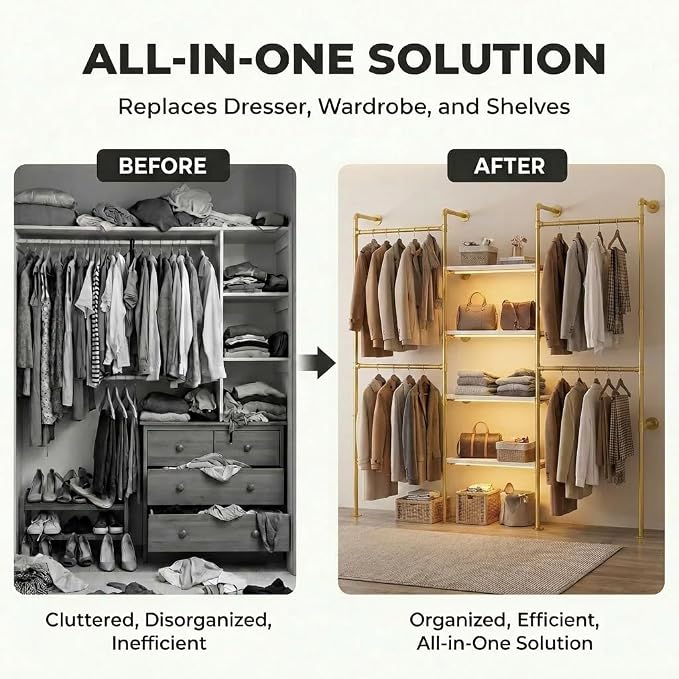 Industrial Pipe Clothing Rack with LED Lights& Shelves,Gold | Heavy Duty Adjustable Garment Hanger with Shelves, 2 Installation Methods Closet Storage System for Wardrobe Organization