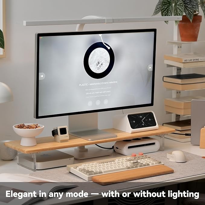 Bamboo Monitor Stand, Desk Shelf with Acrylic Legs and RGB Lights | 31.5-Inch Wide, 3.3-Inch Clearance, Fits Monitor, Laptop, Printer and Speakers for Small Desks