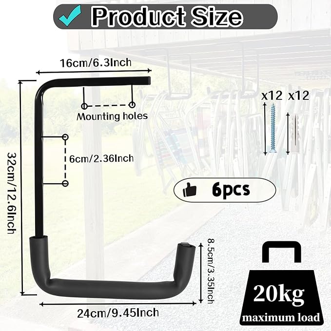 6pcs Overhead Garage Storage Rack, tility Ladder Hangers, Ceiling Mounted Garage Hooks for Lumber Bike Tools(9.45 x 12.6 Inch)